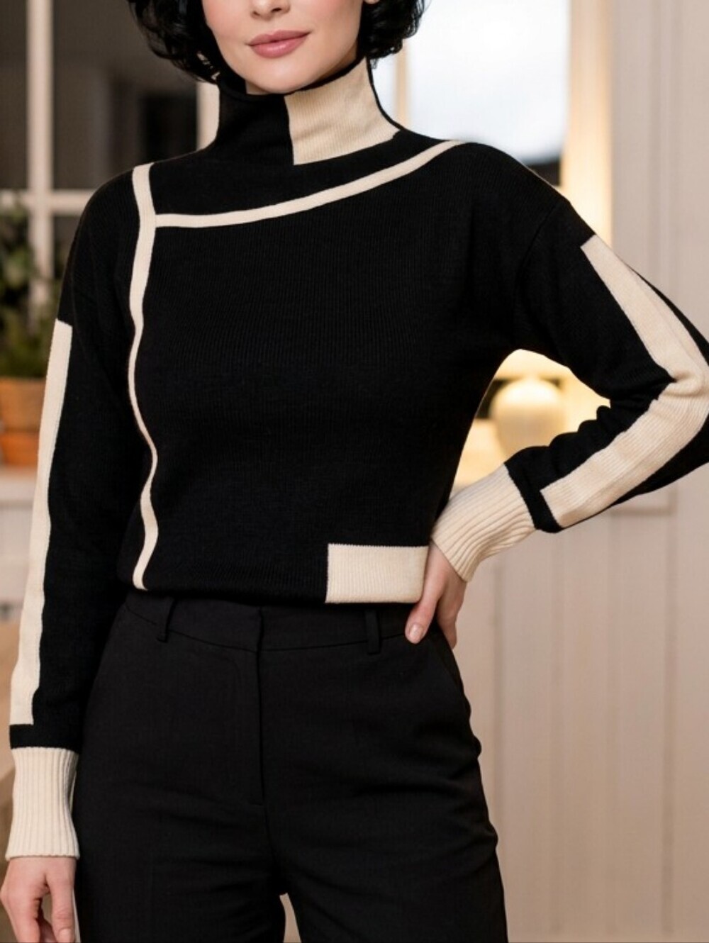 Women's Vintage Y2K Unbranded Black & Beige stripe piping Turtleneck Sweater M